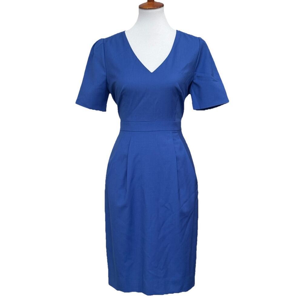 J Crew Suiting Wool Sheath Dress V Neck Pleated Work Office Blue Women’s 8